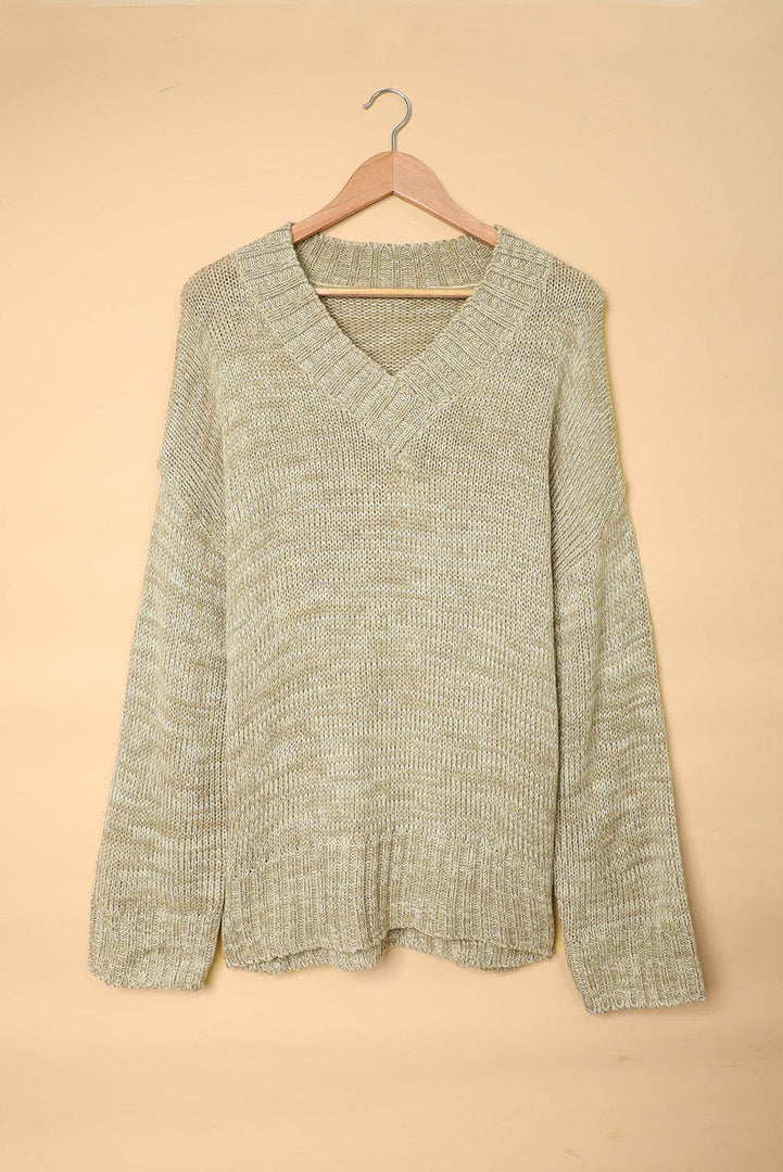 White V neck Drop Shoulder Knitted Sweater - Fashion Queen -  15