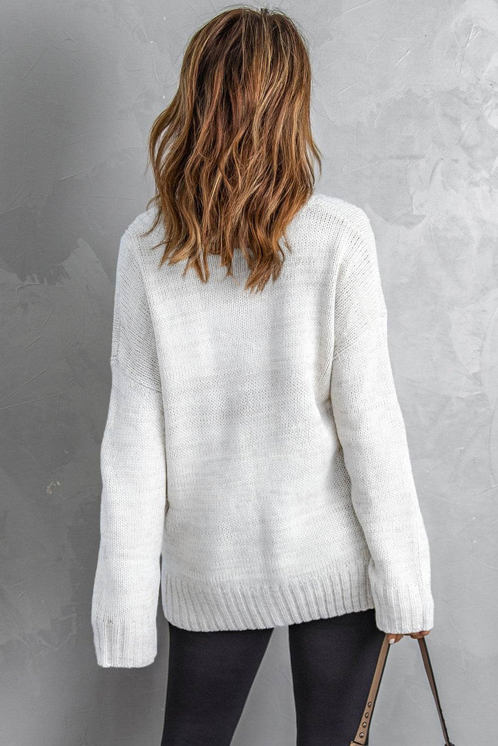 White V neck Drop Shoulder Knitted Sweater - Fashion Queen -  2