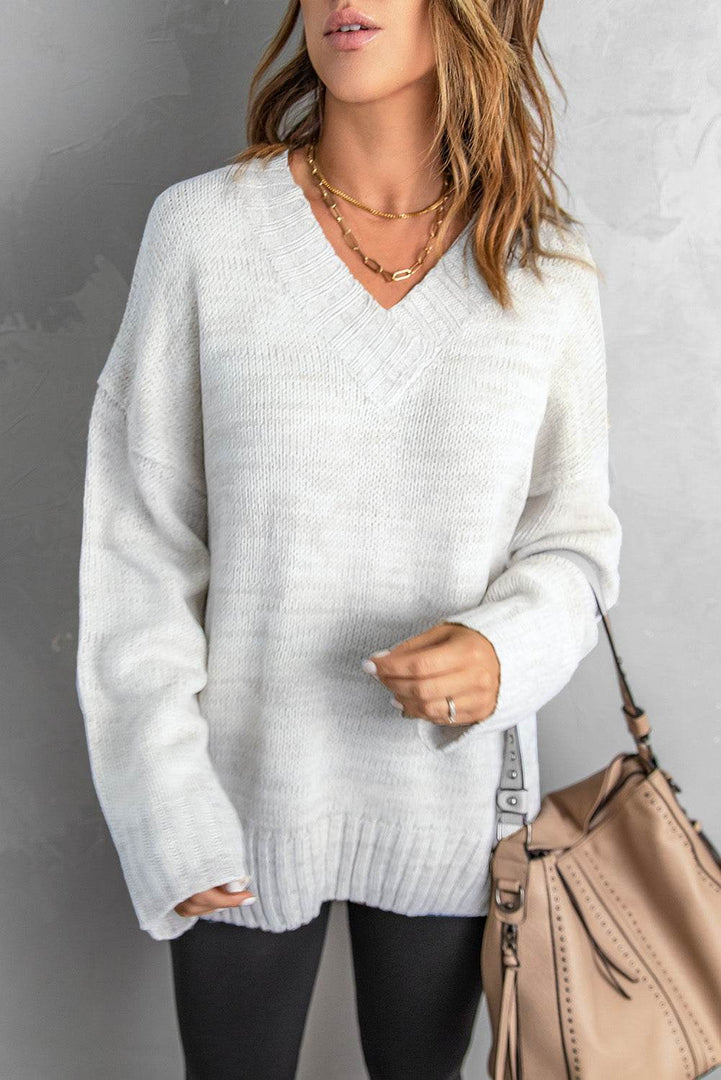 White V neck Drop Shoulder Knitted Sweater - Fashion Queen -  3