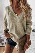 Load image into Gallery viewer, White V neck Drop Shoulder Knitted Sweater - Fashion Queen -  4
