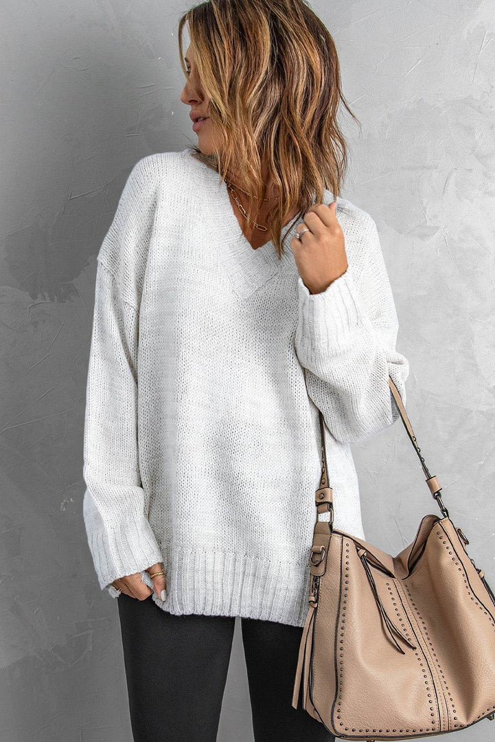 White V neck Drop Shoulder Knitted Sweater - Fashion Queen -  7