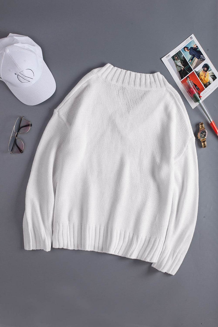 White V neck Drop Shoulder Knitted Sweater - Fashion Queen -  9