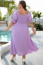 Load image into Gallery viewer, Wisteria Swiss Dot Smocked Frilled Neckline Short Sleeve Plus Size Dress - Fashion Queen -  12
