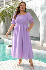Load image into Gallery viewer, Wisteria Swiss Dot Smocked Frilled Neckline Short Sleeve Plus Size Dress - Fashion Queen -  14
