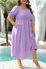 Load image into Gallery viewer, Wisteria Swiss Dot Smocked Frilled Neckline Short Sleeve Plus Size Dress - Fashion Queen -  16
