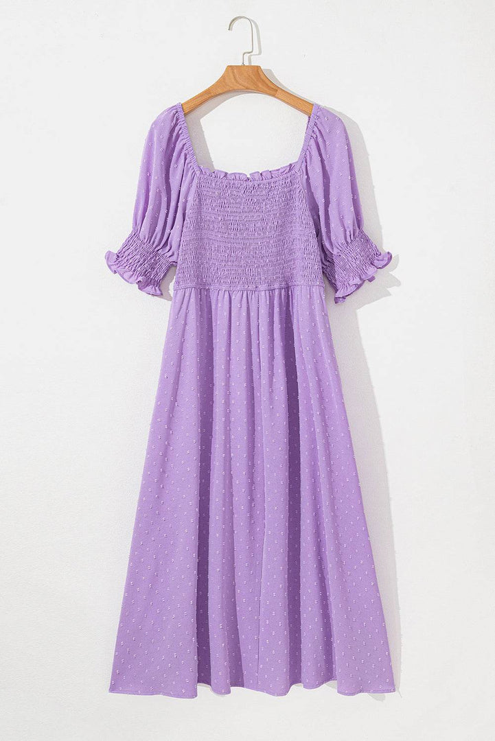 Wisteria Swiss Dot Smocked Frilled Neckline Short Sleeve Plus Size Dress - Fashion Queen -  19