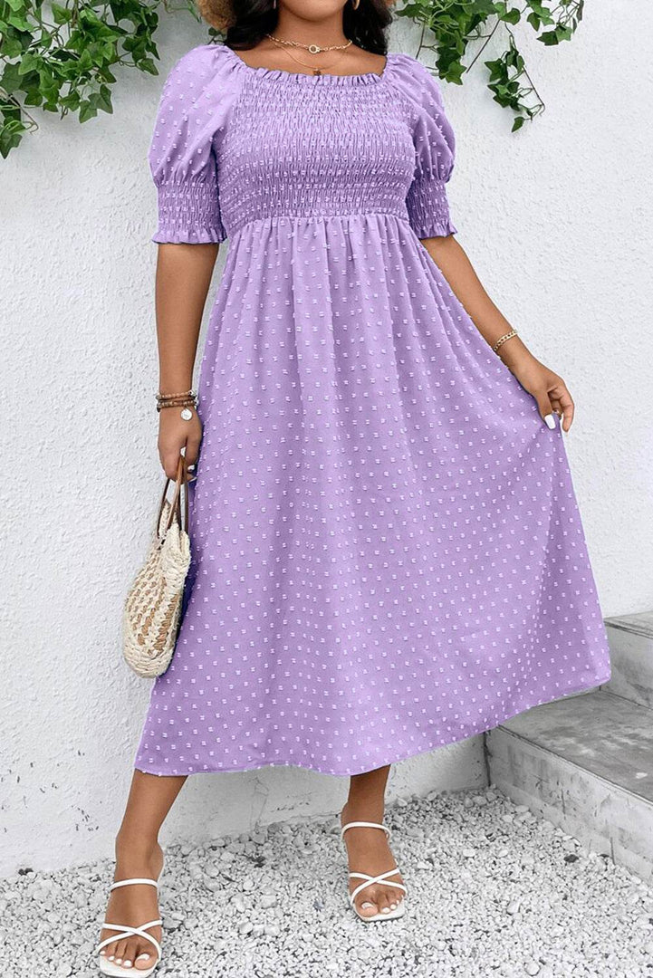Wisteria Swiss Dot Smocked Frilled Neckline Short Sleeve Plus Size Dress - Fashion Queen -  3
