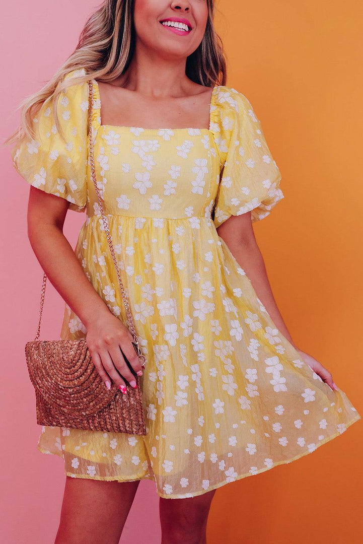 Yellow Boho Flower Jacquard Puff Sleeve Square Neck Mini Dress - Fashion Queen -  1