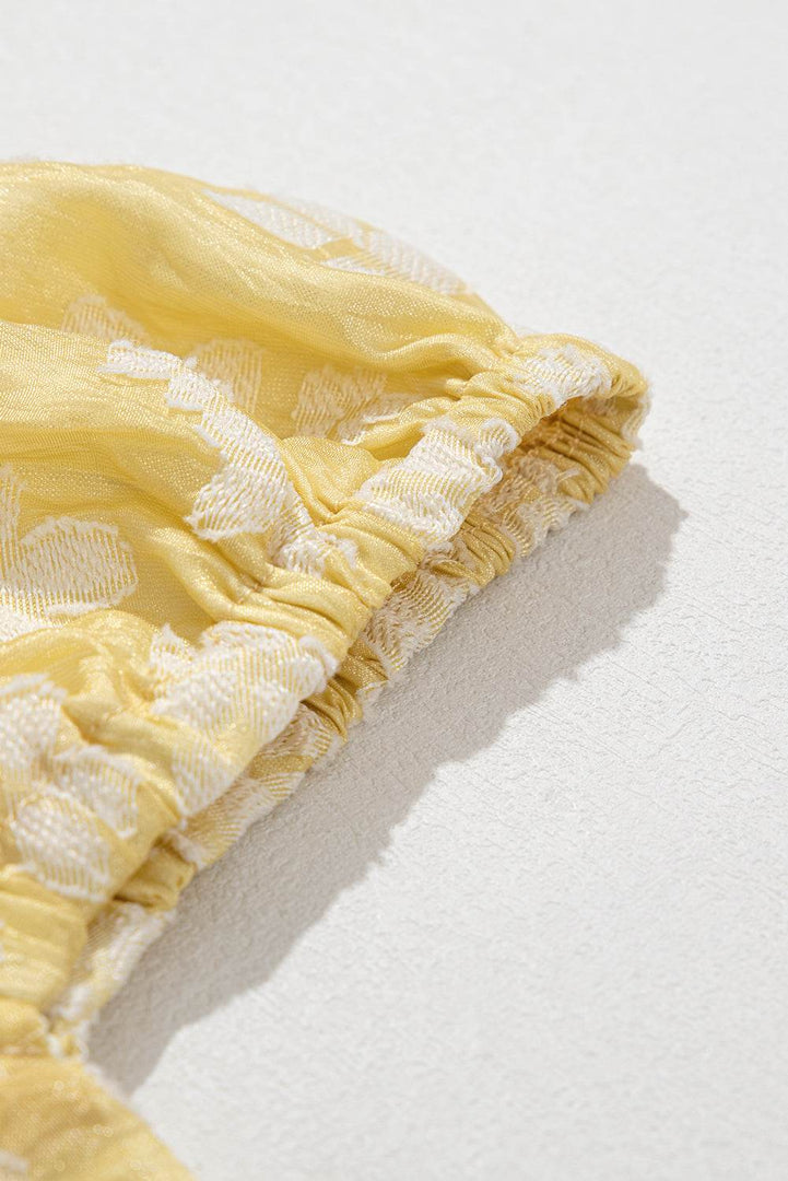 Yellow Boho Flower Jacquard Puff Sleeve Square Neck Mini Dress - Fashion Queen -  15