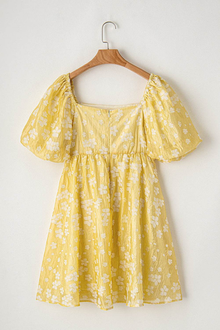 Yellow Boho Flower Jacquard Puff Sleeve Square Neck Mini Dress - Fashion Queen -  9