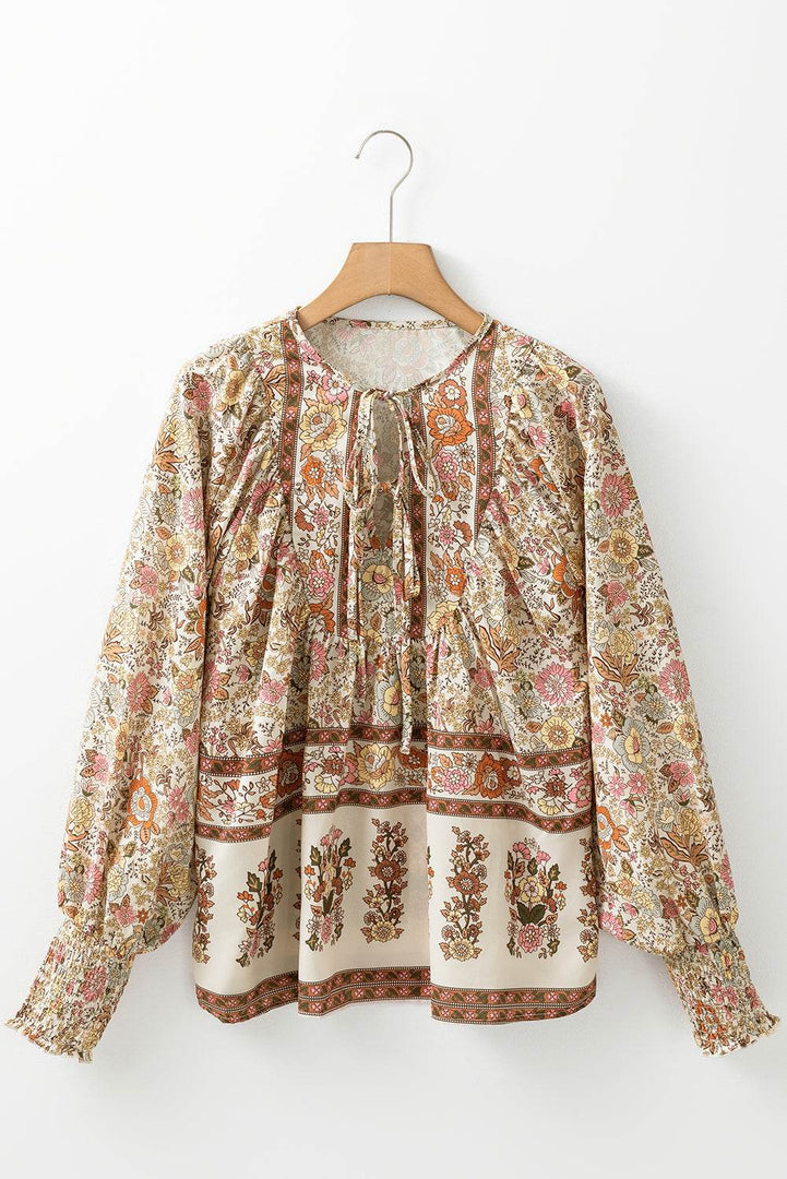 Yellow Floral Print Tie Neck Lantern Sleeve Blouse - Fashion Queen -  7