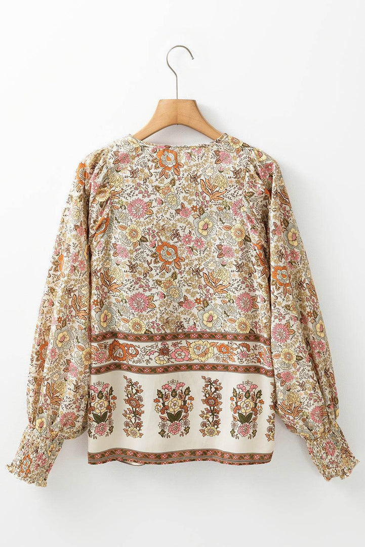 Yellow Floral Print Tie Neck Lantern Sleeve Blouse - Fashion Queen -  8