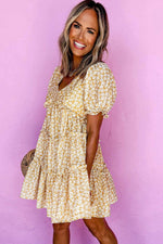 Load image into Gallery viewer, Yellow Floral Short Sleeve V Neck Frilly Tiered Mini Dress - Fashion Queen -  10
