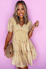 Load image into Gallery viewer, Yellow Floral Short Sleeve V Neck Frilly Tiered Mini Dress - Fashion Queen -  12
