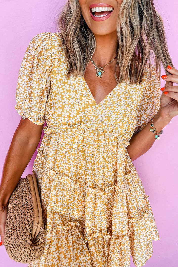 Yellow Floral Short Sleeve V Neck Frilly Tiered Mini Dress - Fashion Queen -  13