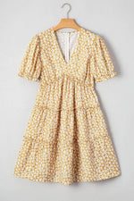 Load image into Gallery viewer, Yellow Floral Short Sleeve V Neck Frilly Tiered Mini Dress - Fashion Queen -  14

