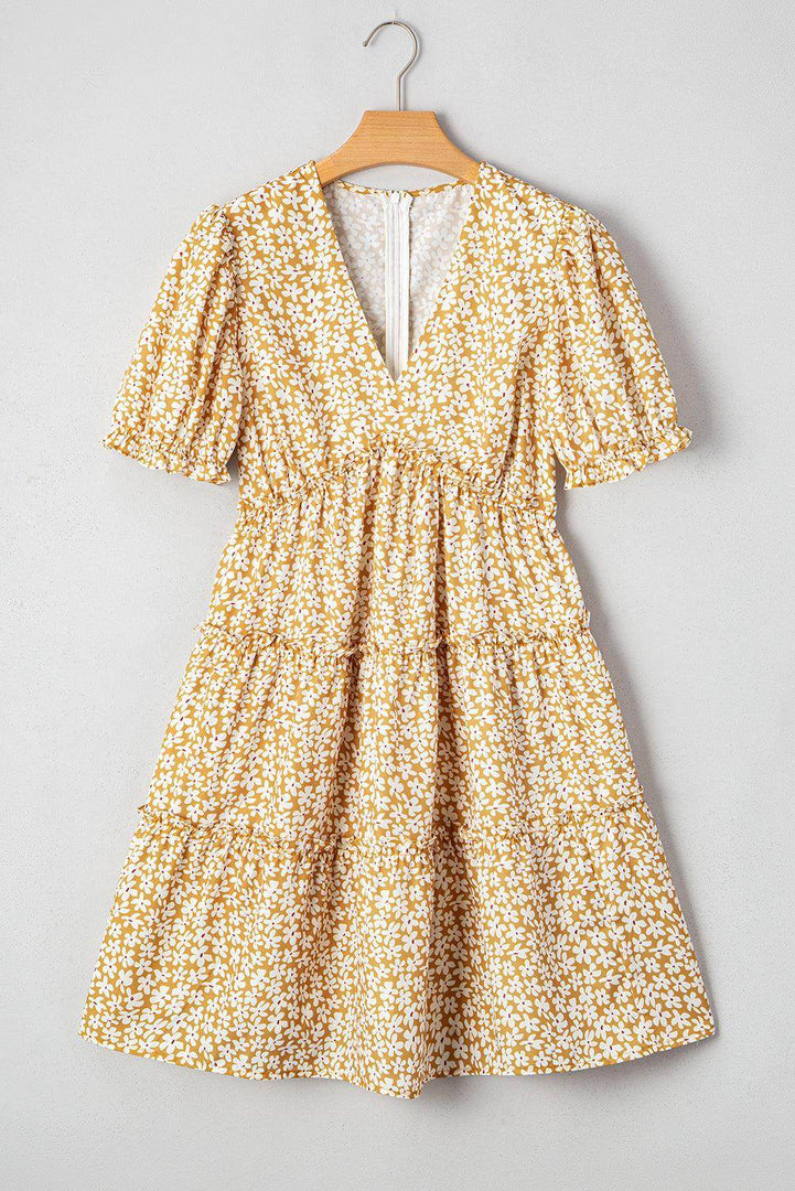 Yellow Floral Short Sleeve V Neck Frilly Tiered Mini Dress - Fashion Queen -  14