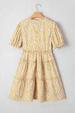 Load image into Gallery viewer, Yellow Floral Short Sleeve V Neck Frilly Tiered Mini Dress - Fashion Queen -  15
