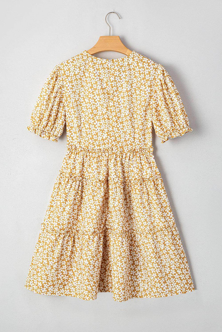 Yellow Floral Short Sleeve V Neck Frilly Tiered Mini Dress - Fashion Queen -  15