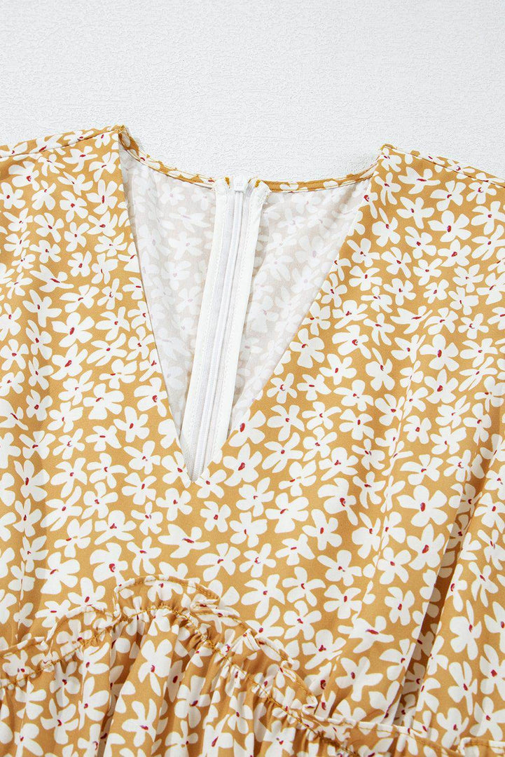 Yellow Floral Short Sleeve V Neck Frilly Tiered Mini Dress - Fashion Queen -  16