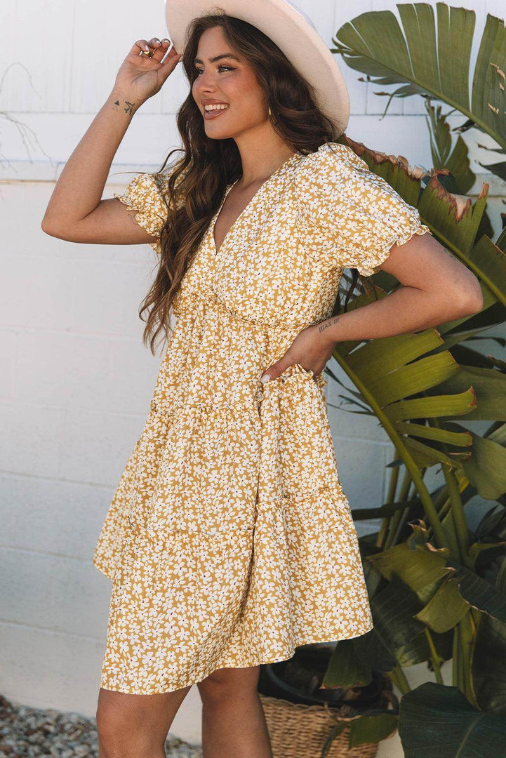 Yellow Floral Short Sleeve V Neck Frilly Tiered Mini Dress - Fashion Queen -  2
