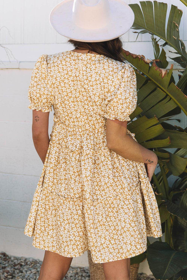 Yellow Floral Short Sleeve V Neck Frilly Tiered Mini Dress - Fashion Queen -  3