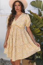 Load image into Gallery viewer, Yellow Floral Short Sleeve V Neck Frilly Tiered Mini Dress - Fashion Queen -  4
