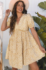Load image into Gallery viewer, Yellow Floral Short Sleeve V Neck Frilly Tiered Mini Dress - Fashion Queen -  5
