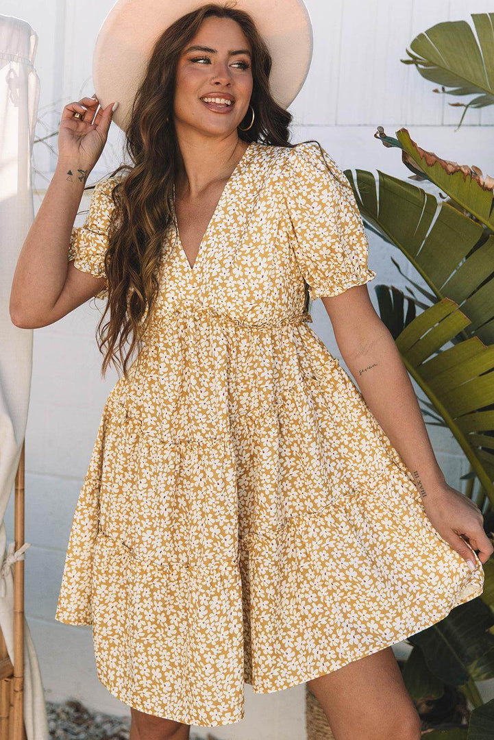 Yellow Floral Short Sleeve V Neck Frilly Tiered Mini Dress - Fashion Queen -  5