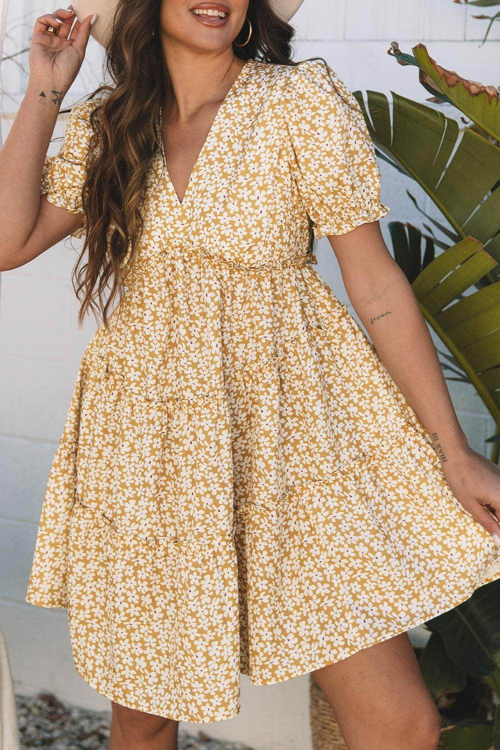Yellow Floral Short Sleeve V Neck Frilly Tiered Mini Dress - Fashion Queen -  6