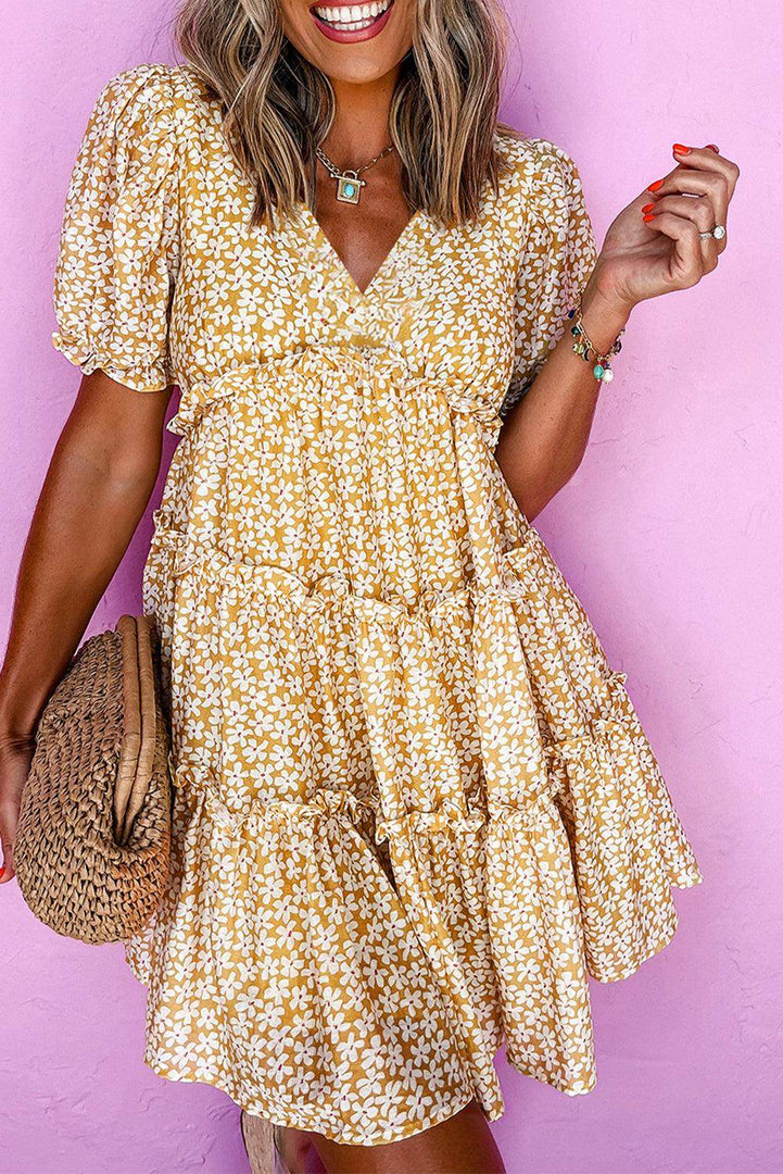 Yellow Floral Short Sleeve V Neck Frilly Tiered Mini Dress - Fashion Queen -  7