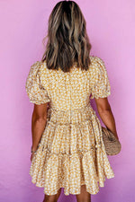 Load image into Gallery viewer, Yellow Floral Short Sleeve V Neck Frilly Tiered Mini Dress - Fashion Queen -  8
