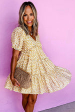 Load image into Gallery viewer, Yellow Floral Short Sleeve V Neck Frilly Tiered Mini Dress - Fashion Queen -  9
