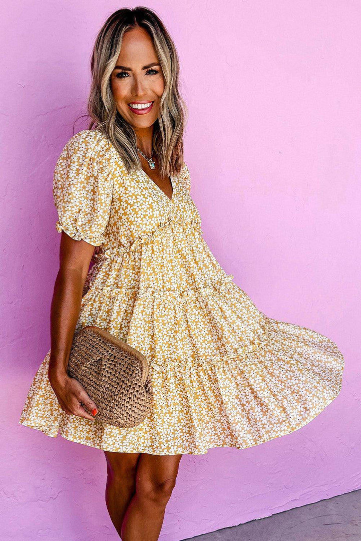 Yellow Floral Short Sleeve V Neck Frilly Tiered Mini Dress - Fashion Queen -  9