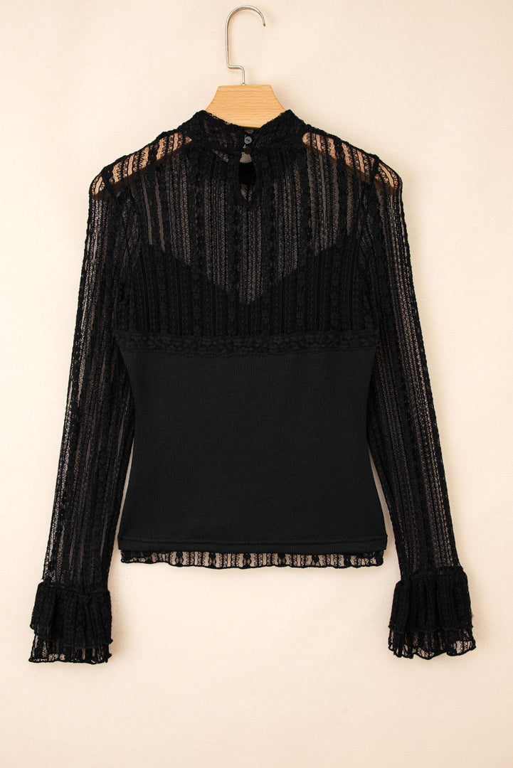 Black Lace Patchwork Flounce Sleeve Slim Fit Top