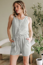 Load image into Gallery viewer, Light Grey Waffle Knit Sleeveless Buttoned Front Drawstring Waist Romper
