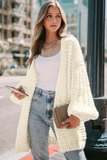 Load image into Gallery viewer, White Chunky Oversize Knit Drop Shoulder Puff Sleeve Cardigan
