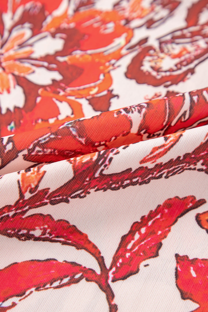 Red Vintage Floral Ruffle Sleeve V Neck Blouse