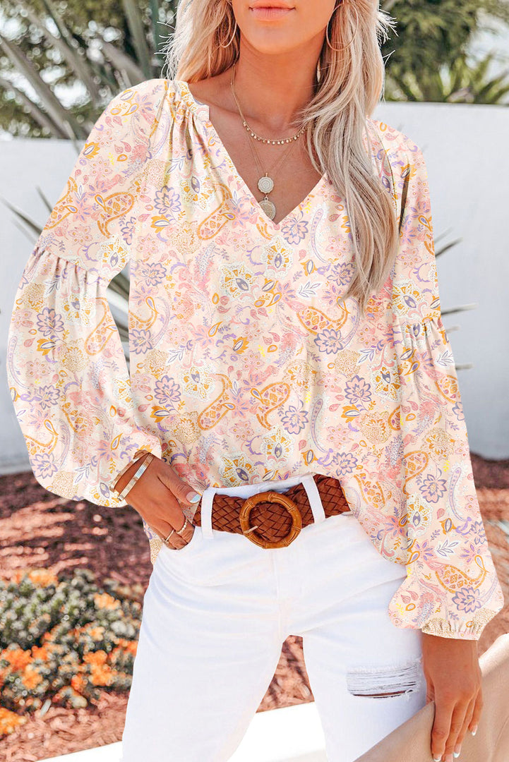 Fiery Red White Floral Print V Neck Long Puff Sleeve Top - Fashion Queen -  20