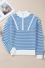 Load image into Gallery viewer, Pink Stripe Zip up Collar Drop Shoulder Sweater - Fashion Queen

