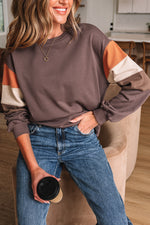 Load image into Gallery viewer, Dark Khaki Color Block Drop Shoulder Pullover Casual Sweatshirt
