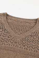 Load image into Gallery viewer, Black Eyelet Pattern Detail V Neck Drop Shoulder Sweater - Fashion Queen
