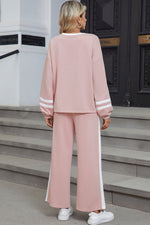 Load image into Gallery viewer, Pink Varsity Stripe Patchwork Puff Sleeve Pullover Drawstring Wide Leg Pant Set
