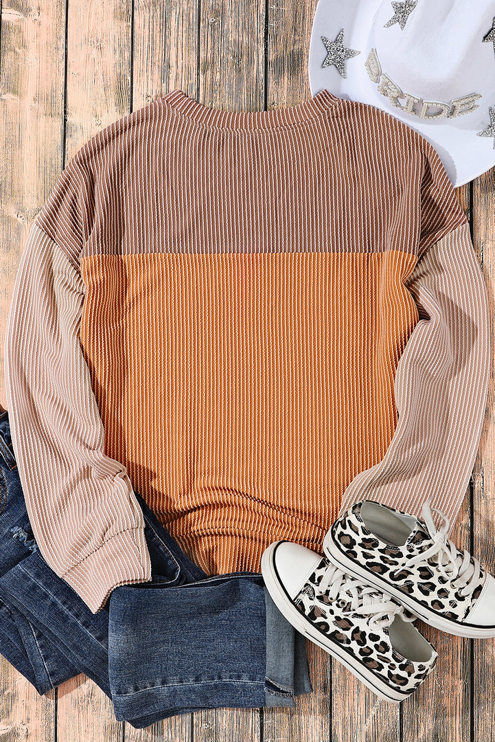 Multicolor Color Block Long Sleeve Ribbed Loose Top - Fashion Queen -  30