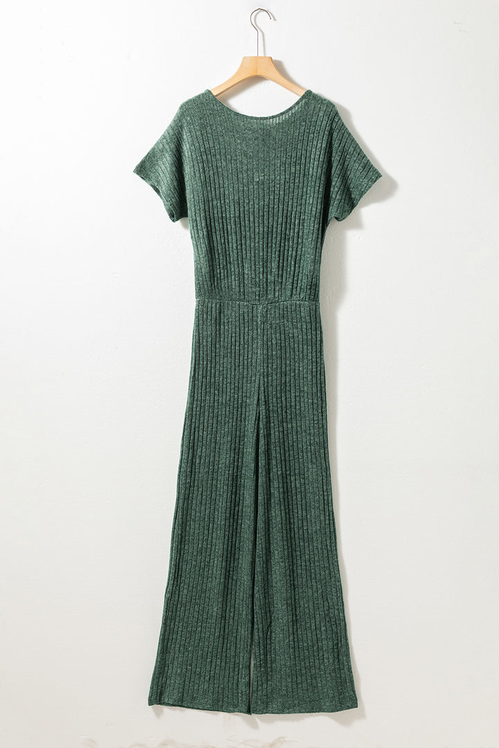 Mist Green Ribbed Keyhole Short Sleeve Wide Leg Jumpsuit - Fashion Queen -  4