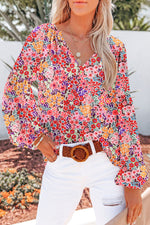 Load image into Gallery viewer, Fiery Red White Floral Print V Neck Long Puff Sleeve Top - Fashion Queen -  1
