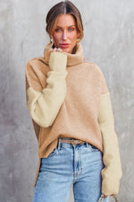 Load image into Gallery viewer, White Color Block Turtle Neck Drop Shoulder Knit Sweater
