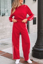 Load image into Gallery viewer, Fiery Red Varsity Striped Detail Crewneck Pullover Elastic Sweatpants 2pcs Outfit
