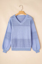 Load image into Gallery viewer, Black Eyelet Pattern Detail V Neck Drop Shoulder Sweater - Fashion Queen
