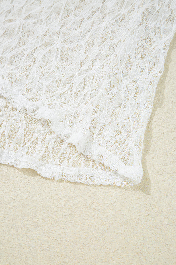 White Sheer Lace Bell Sleeve Mock Neck Blouse - Fashion Queen -  8
